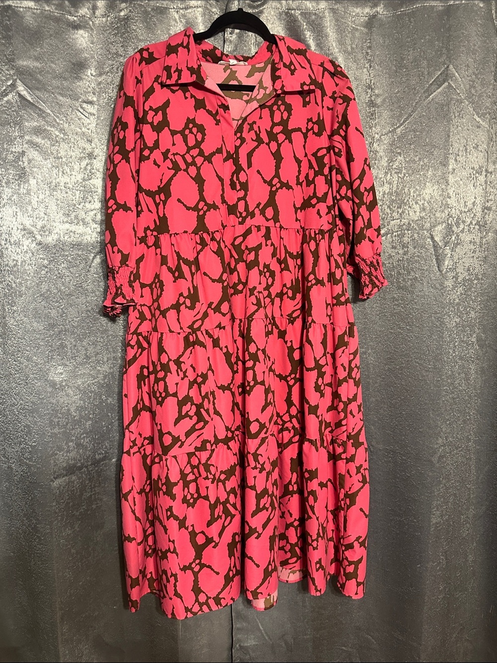 Pink Patterned Tiered Button-Front Women's Dress